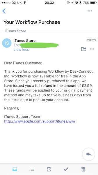 Workflow App Refund from Apple