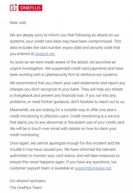 OnePlus Data Breach Email